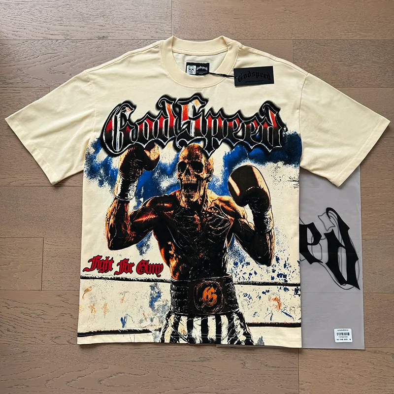 3160# P106 Real shot Godspeed American fashion rock street retro loose printed cotton short sleeves Fabric: 240g 32 count fine cotton double yarn pure cotton Color: apricot Size: S M L XL
