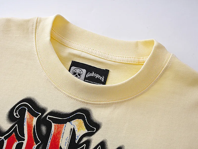 3160# P106 Real shot Godspeed American fashion rock street retro loose printed cotton short sleeves Fabric: 240g 32 count fine cotton double yarn pure cotton Color: apricot Size: S M L XL
