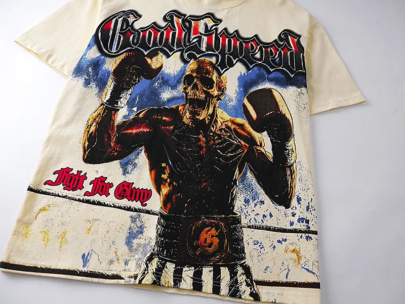 3160# P106 Real shot Godspeed American fashion rock street retro loose printed cotton short sleeves Fabric: 240g 32 count fine cotton double yarn pure cotton Color: apricot Size: S M L XL