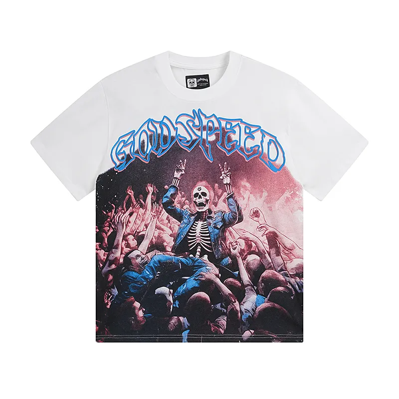 3075# P110 Real shot Godspeed American trendy rock and roll street retro loose printed cotton short sleeves Fabric: 240g 32 count fine cotton double yarn pure cotton Color: off-white Size: S M L XL