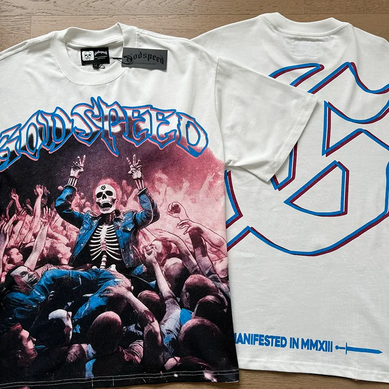 3075# P110 Real shot Godspeed American trendy rock and roll street retro loose printed cotton short sleeves Fabric: 240g 32 count fine cotton double yarn pure cotton Color: off-white Size: S M L XL