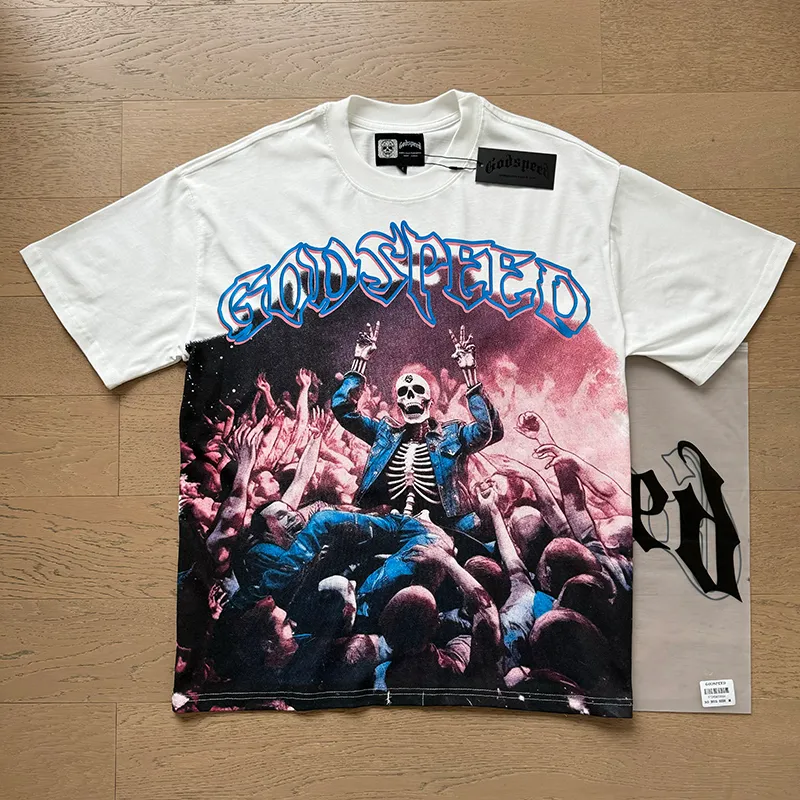 3075# P110 Real shot Godspeed American trendy rock and roll street retro loose printed cotton short sleeves Fabric: 240g 32 count fine cotton double yarn pure cotton Color: off-white Size: S M L XL