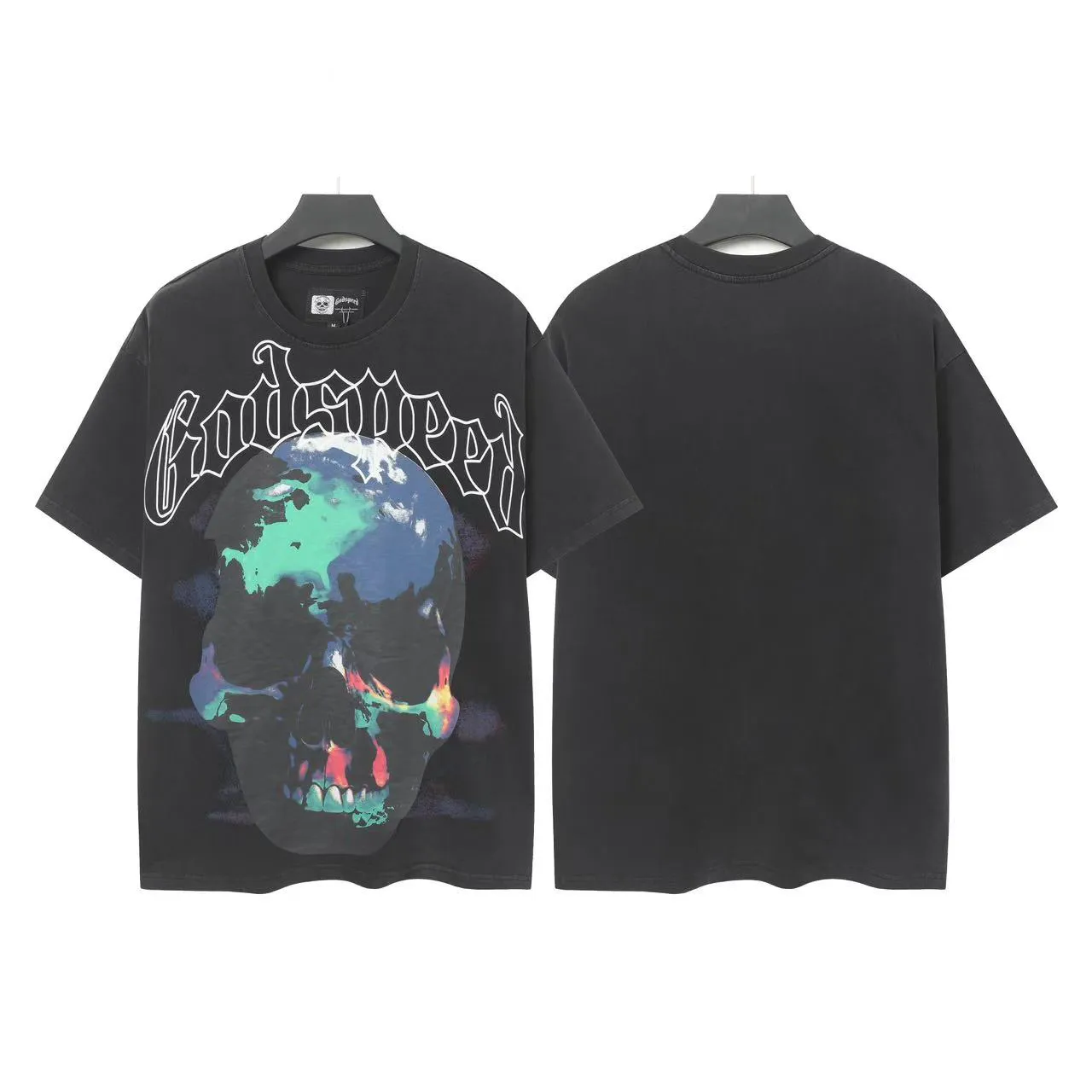 6027#washed black｜P116 Godspeed cross-border American rock and roll street washed retro style short-sleeved T (craft printing) fabric (fabric): 32 count combed double yarn 250g weight size (size): S-M-L-XL color (colour): washed black 👉