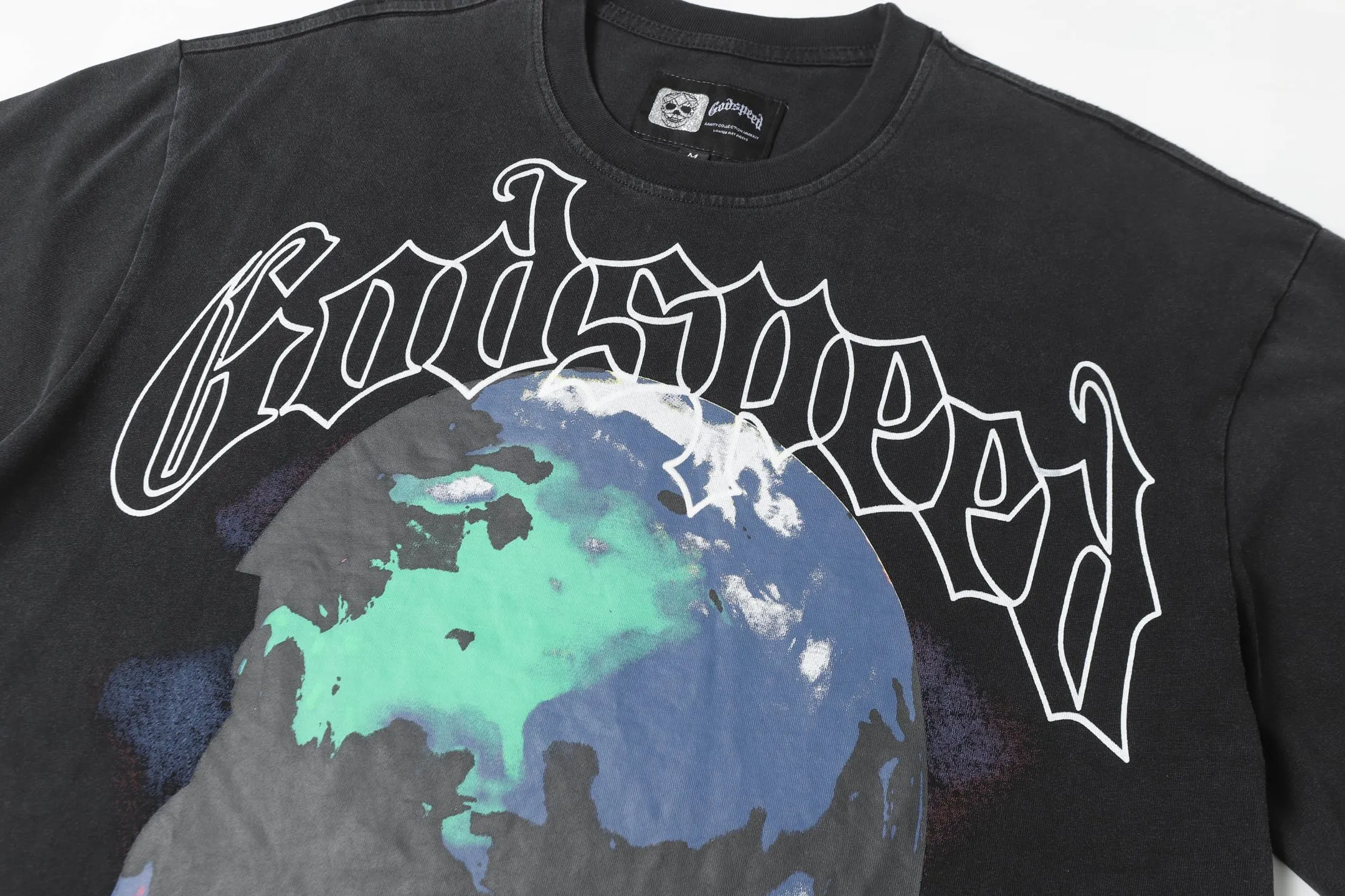 6027#washed black｜P116 Godspeed cross-border American rock and roll street washed retro style short-sleeved T (craft printing) fabric (fabric): 32 count combed double yarn 250g weight size (size): S-M-L-XL color (colour): washed black 👉