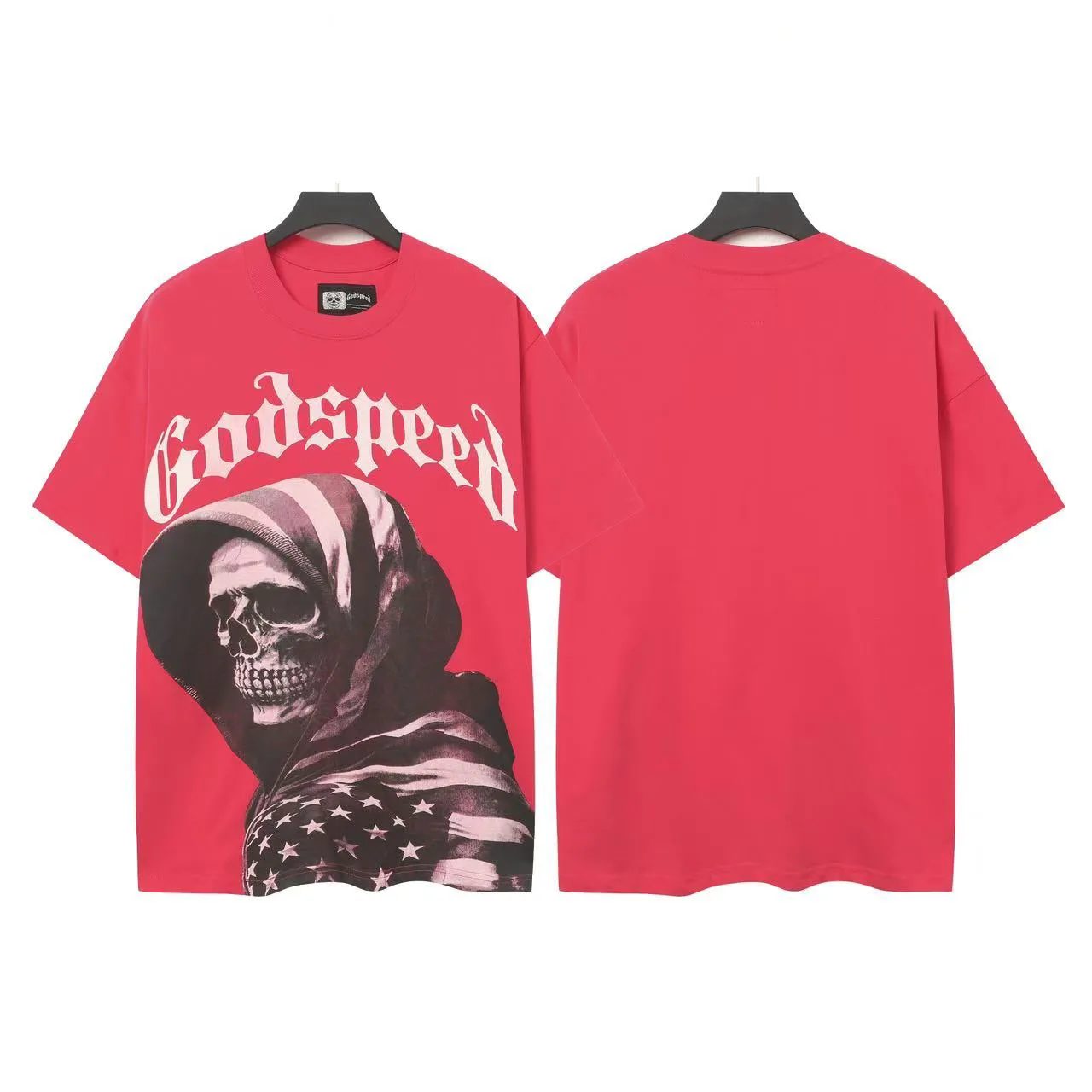 5039#Rose Red｜P104 Godspeed cross-border American rock and roll street washed retro style short-sleeved T (craft printing) fabric (fabric) 32-count combed double yarn 240 grams weight code number (size): S-M-L-XL color (colour): rose red