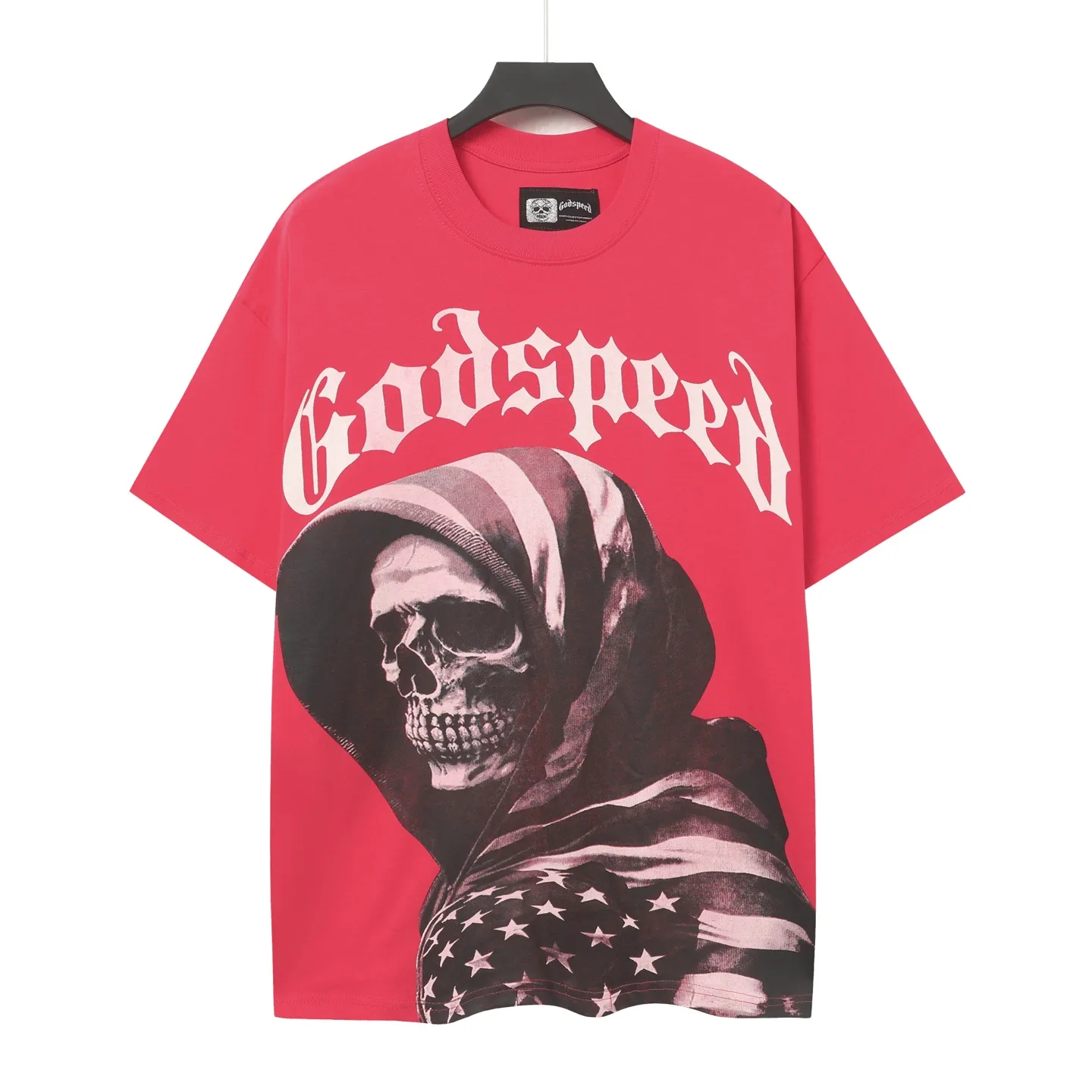 5039#Rose Red｜P104 Godspeed cross-border American rock and roll street washed retro style short-sleeved T (craft printing) fabric (fabric) 32-count combed double yarn 240 grams weight code number (size): S-M-L-XL color (colour): rose red