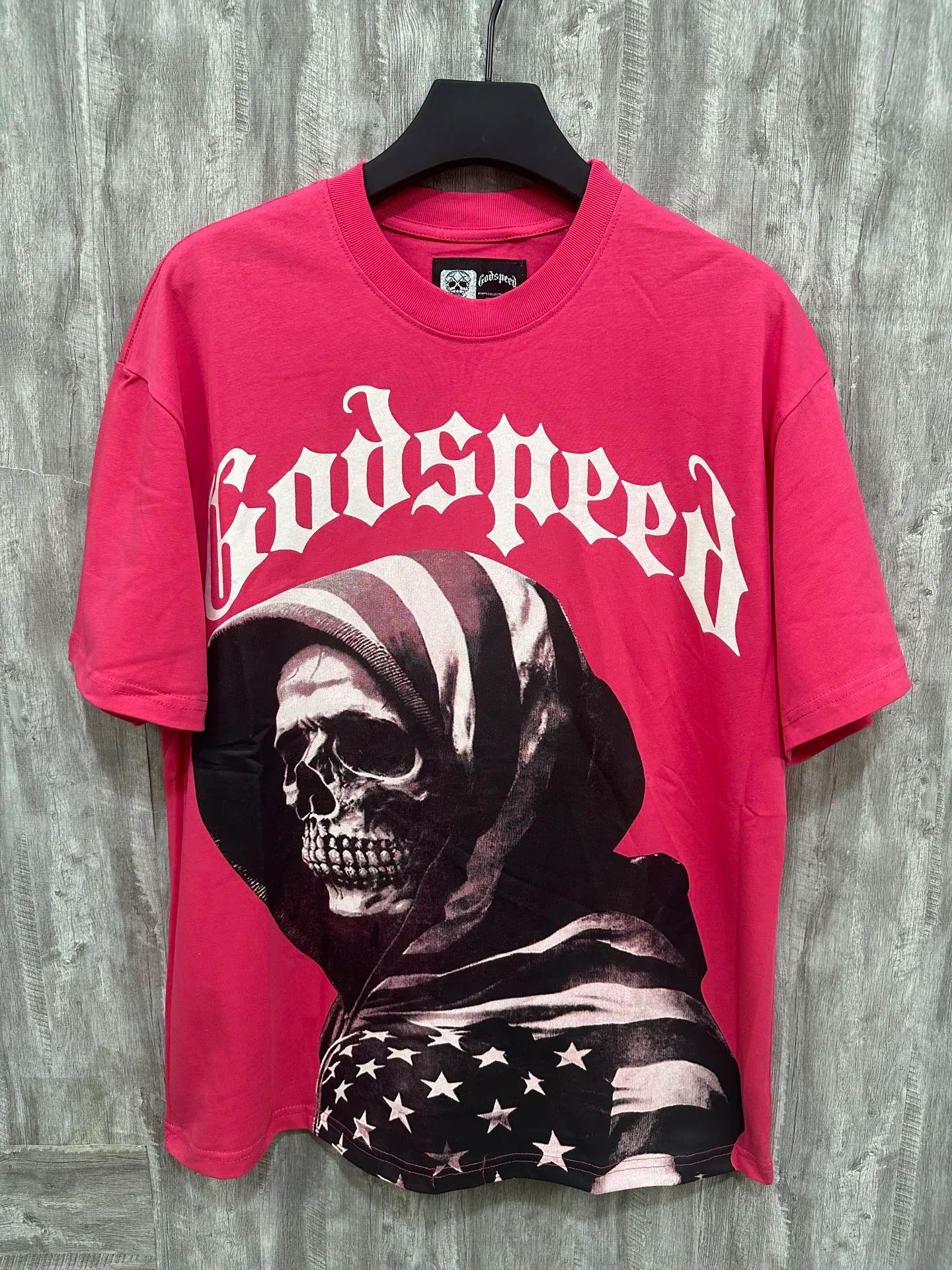 5039#Rose Red｜P104 Godspeed cross-border American rock and roll street washed retro style short-sleeved T (craft printing) fabric (fabric) 32-count combed double yarn 240 grams weight code number (size): S-M-L-XL color (colour): rose red
