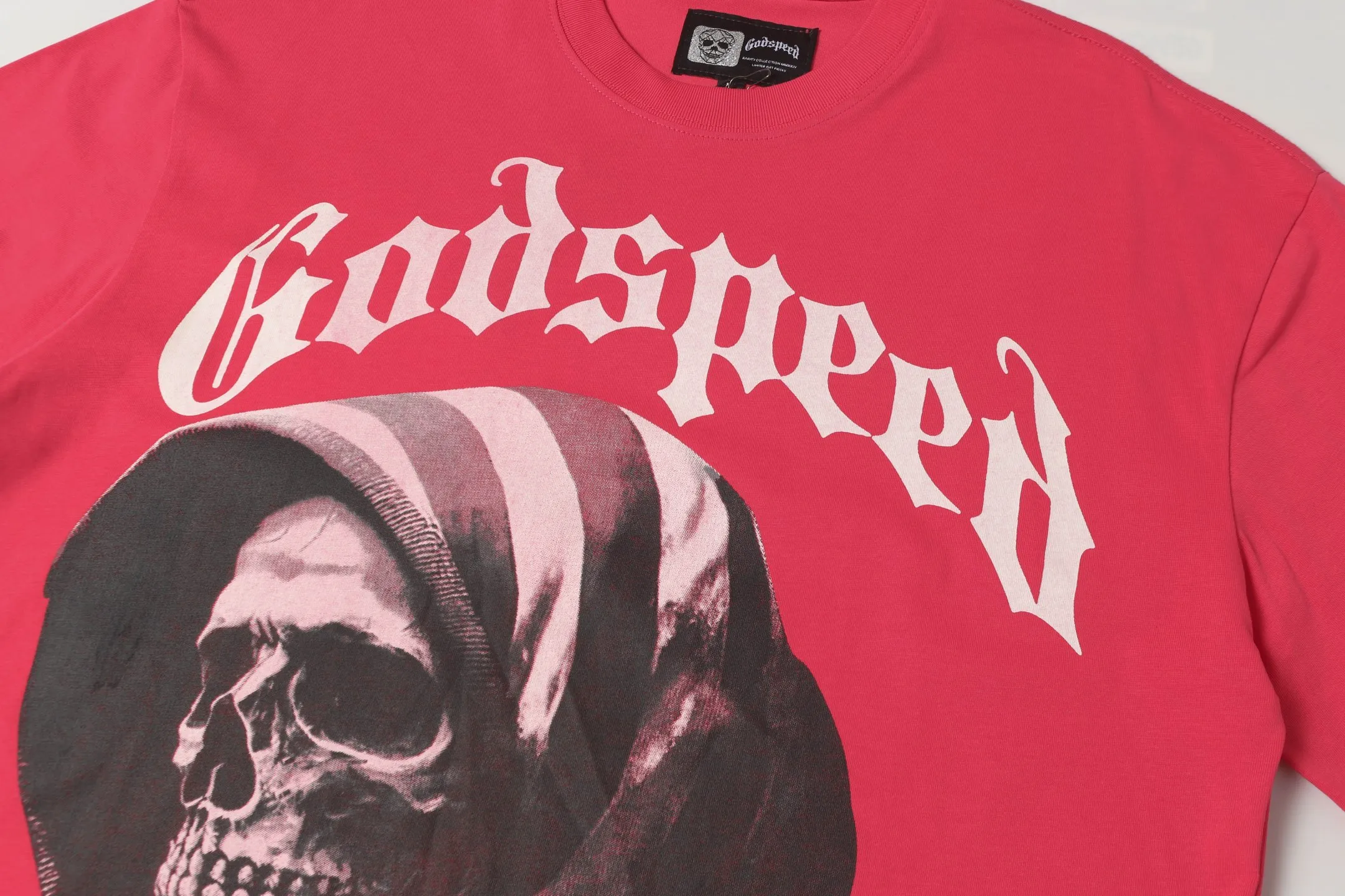 5039#Rose Red｜P104 Godspeed cross-border American rock and roll street washed retro style short-sleeved T (craft printing) fabric (fabric) 32-count combed double yarn 240 grams weight code number (size): S-M-L-XL color (colour): rose red