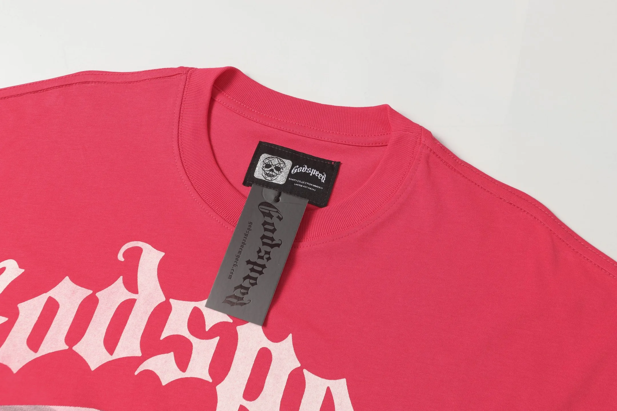 5039#Rose Red｜P104 Godspeed cross-border American rock and roll street washed retro style short-sleeved T (craft printing) fabric (fabric) 32-count combed double yarn 240 grams weight code number (size): S-M-L-XL color (colour): rose red
