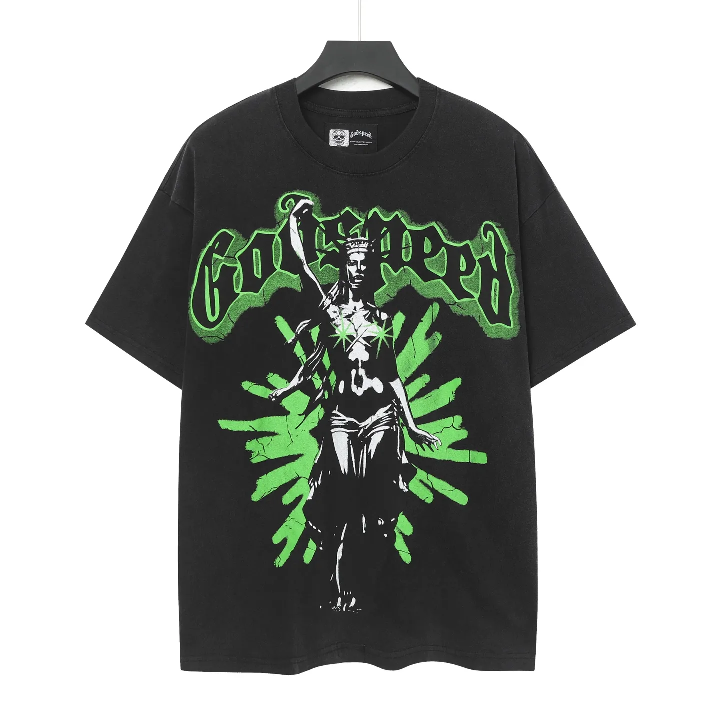 6037#washed black｜P116 Godspeed cross-border American rock and roll street washed retro style short-sleeved T (craft printing) fabric (fabric): 32 count combed double yarn 250g weight size (size): S-M-L-XL color (colour): washed black 👉