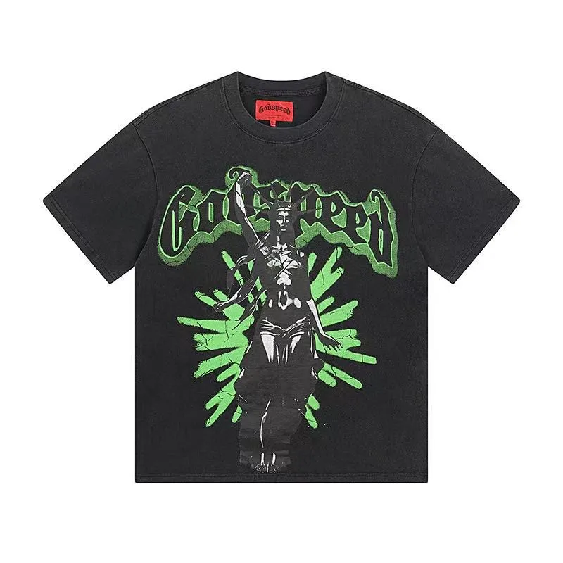 6037#washed black｜P116 Godspeed cross-border American rock and roll street washed retro style short-sleeved T (craft printing) fabric (fabric): 32 count combed double yarn 250g weight size (size): S-M-L-XL color (colour): washed black 👉