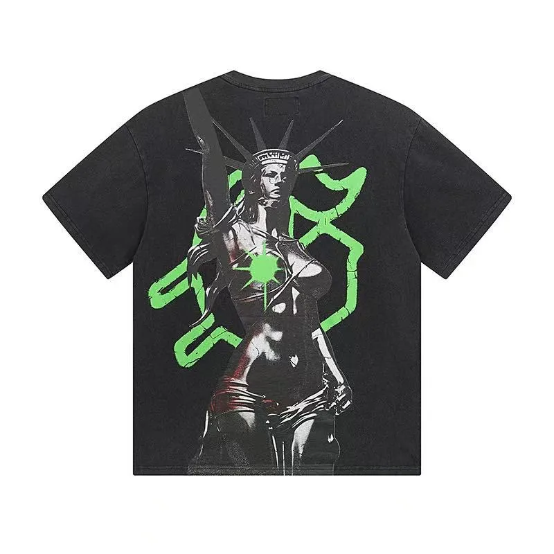 6037#washed black｜P116 Godspeed cross-border American rock and roll street washed retro style short-sleeved T (craft printing) fabric (fabric): 32 count combed double yarn 250g weight size (size): S-M-L-XL color (colour): washed black 👉