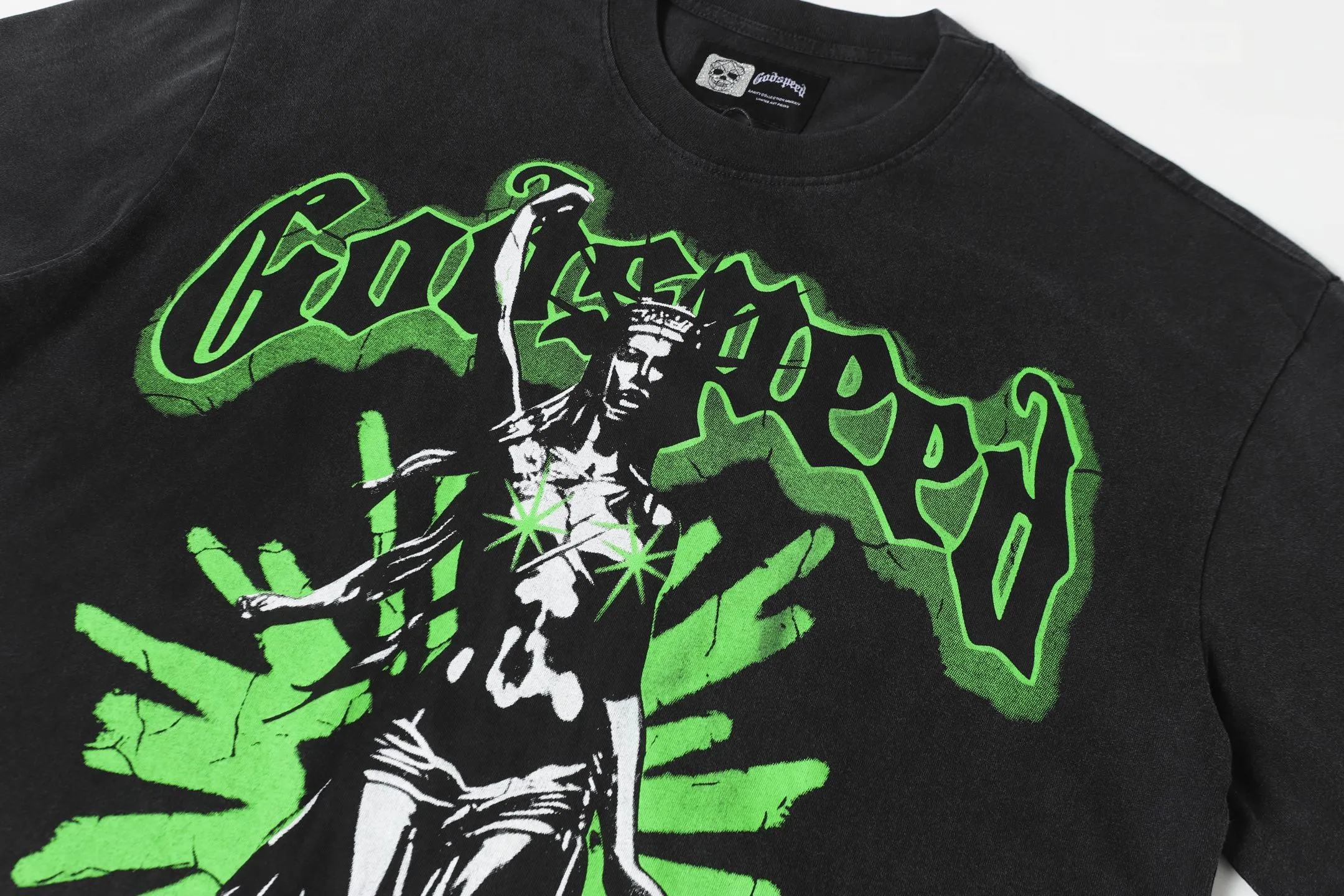 6037#washed black｜P116 Godspeed cross-border American rock and roll street washed retro style short-sleeved T (craft printing) fabric (fabric): 32 count combed double yarn 250g weight size (size): S-M-L-XL color (colour): washed black 👉
