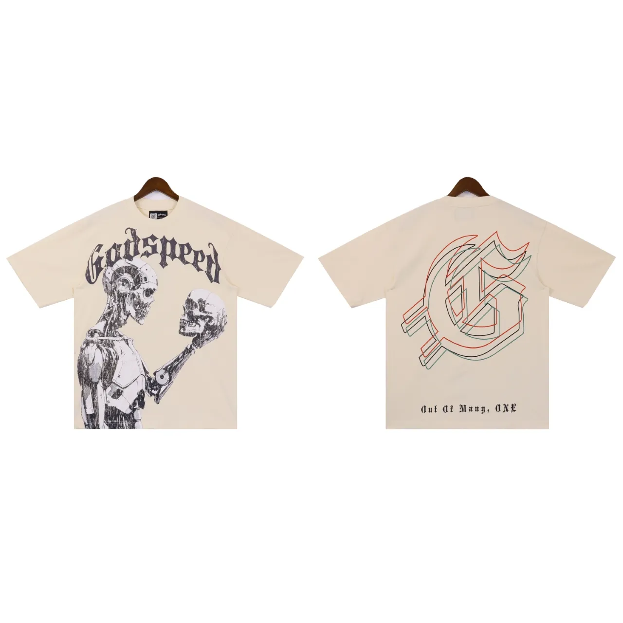 Style number: 2857 Fabric: 230g washed, real shot, beautiful and trendy Godspeed skull print, washed and distressed, high quality double yarn casual round neck short-sleeved T-shirt for men and women Color; washed black, washed apricot Size: S M L XL
