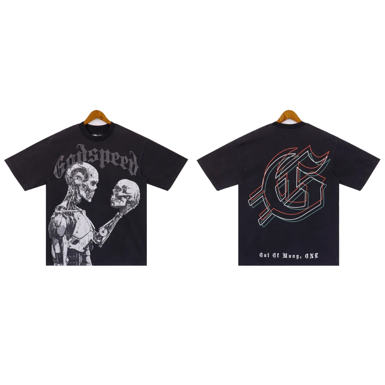 Style number: 2857 Fabric: 230g washed, real shot, beautiful and trendy Godspeed skull print, washed and distressed, high quality double yarn casual round neck short-sleeved T-shirt for men and women Color; washed black, washed apricot Size: S M L XL