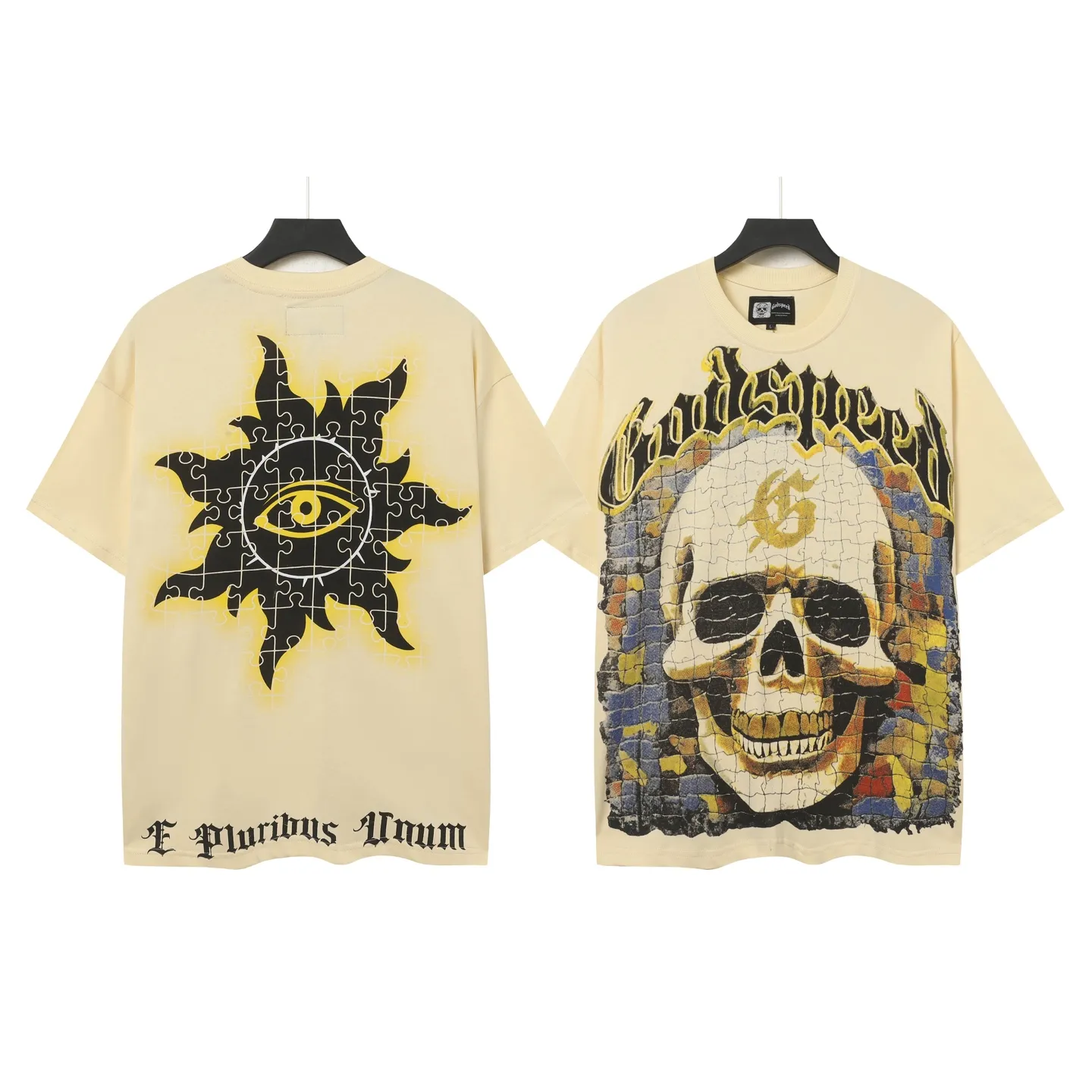 5009#Apricot｜P104 Godspeed cross-border American rock and roll street washed retro style short-sleeved T (craft printing) fabric (fabric) 32 count combed double yarn 240 grams weight code number (size): S-M-L-XL color (colour): apricot