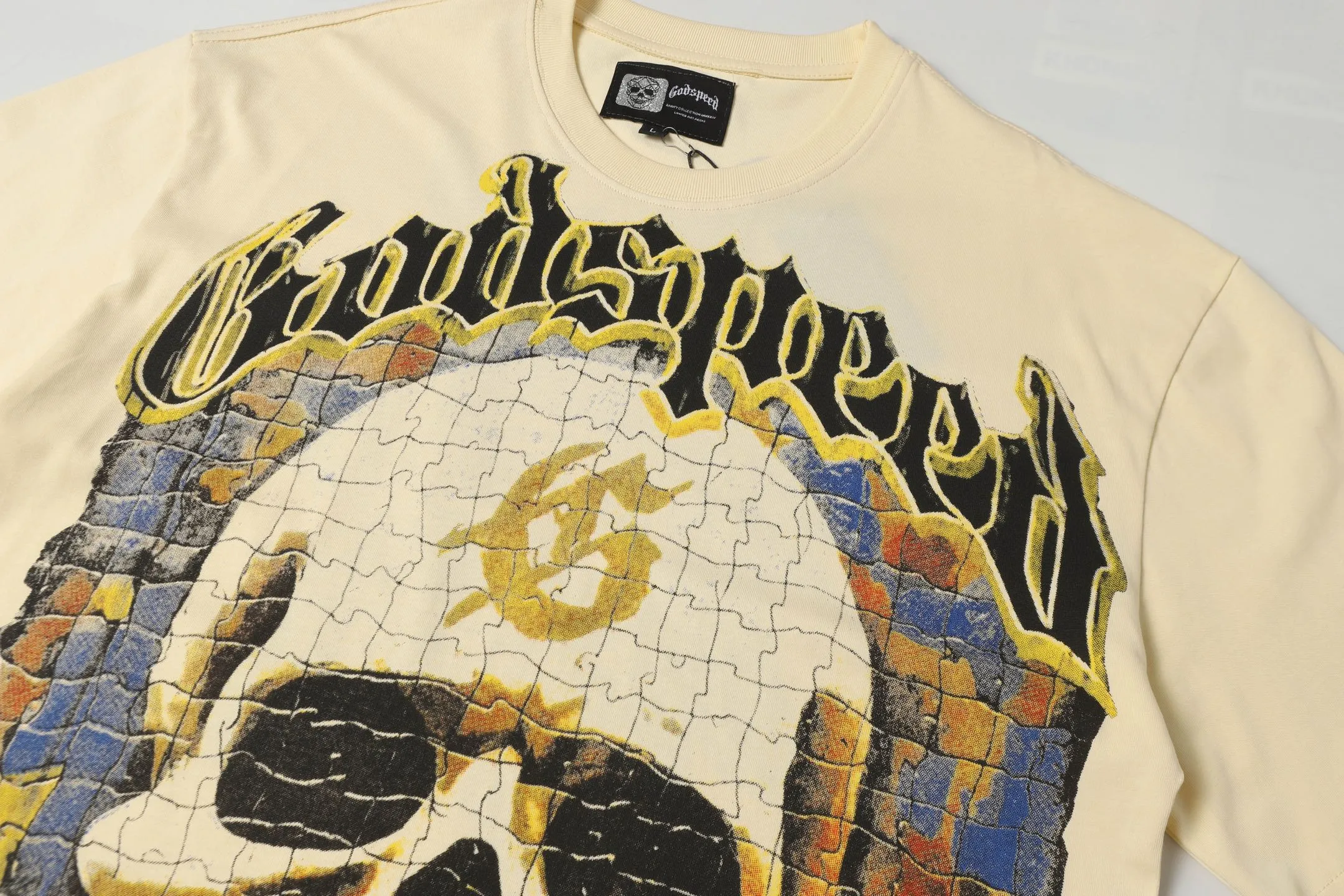 5009#Apricot｜P104 Godspeed cross-border American rock and roll street washed retro style short-sleeved T (craft printing) fabric (fabric) 32 count combed double yarn 240 grams weight code number (size): S-M-L-XL color (colour): apricot