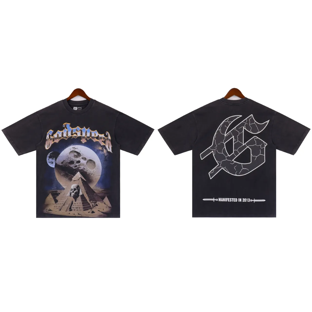 Style No.: 2860 Fabric: 230 grams, washed, washed black P126, apricot p116, real stock, beautiful trendy Godspeed pyramid print, washed and distressed, high quality double yarn casual round neck short-sleeved T-shirt for men and women Color; washed black, washed apricot Size: S M L XL