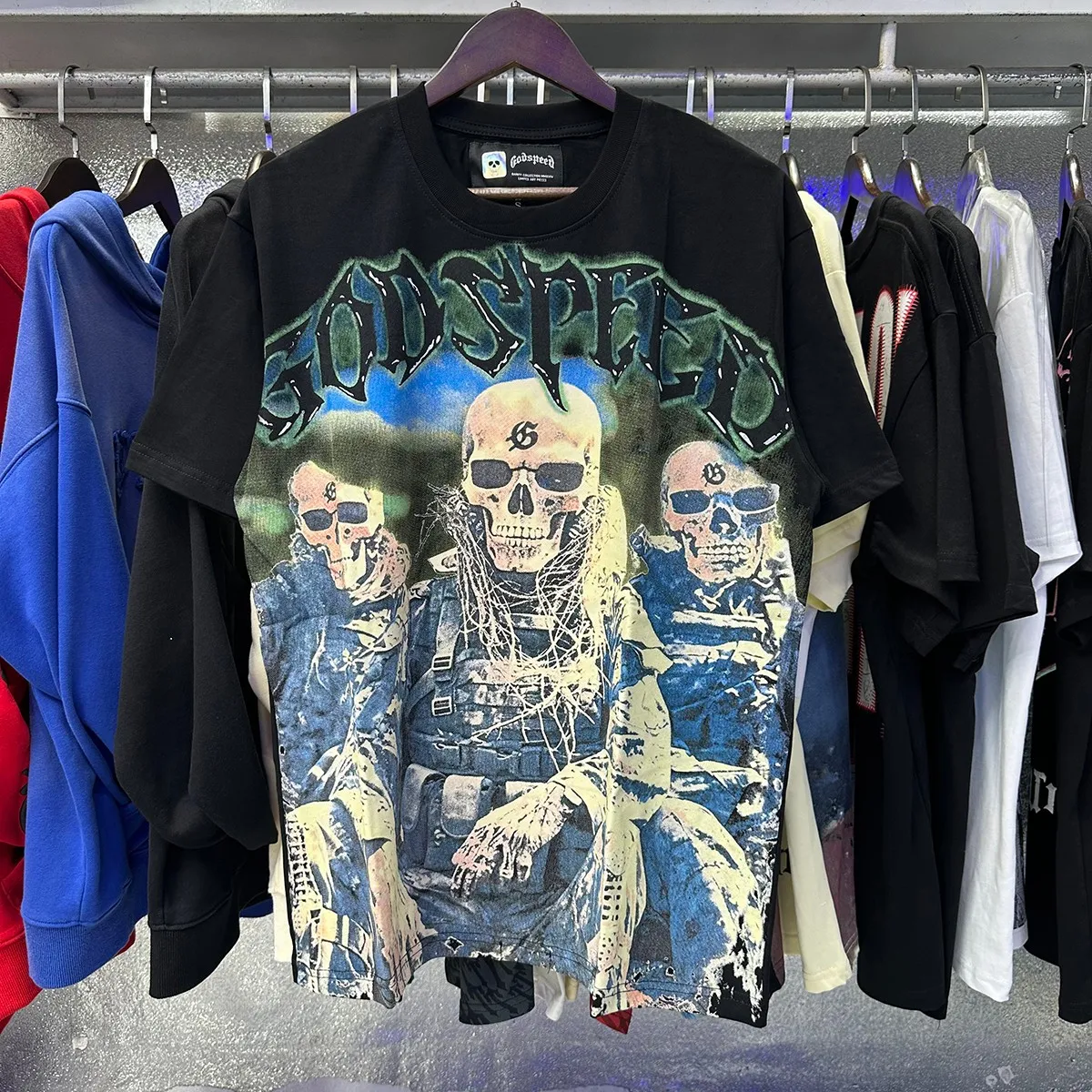 Actual photo, No. 7052, Mechao Godspeed Skeleton Marines printed high weight double yarn pure cotton casual short-sleeved T-shirt batch 110 Color: black, white; Size: S M L XL