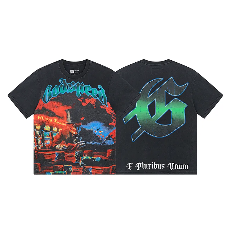 1013# P126 Washed Black Real Shot Godspeed American Fashion Rock Street Retro Washed Distressed Printed Pure Cotton Short Sleeves Fabric: 250g 32 Count Fine Cotton Double Yarn Pure Cotton Color: Washed Black Size: S M L XL