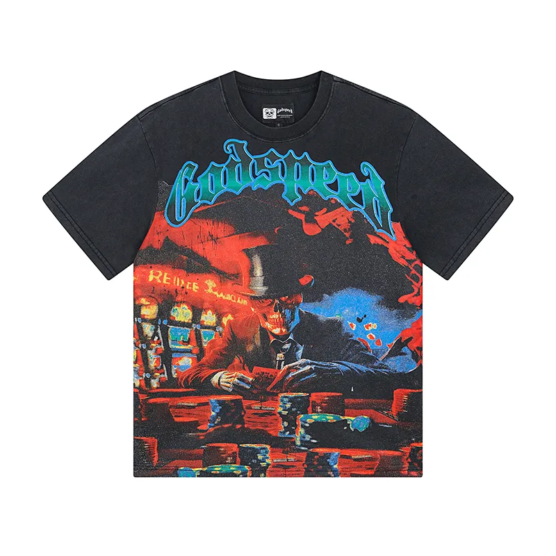 1013# P126 Washed Black Real Shot Godspeed American Fashion Rock Street Retro Washed Distressed Printed Pure Cotton Short Sleeves Fabric: 250g 32 Count Fine Cotton Double Yarn Pure Cotton Color: Washed Black Size: S M L XL