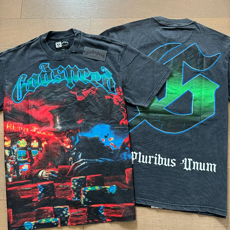 1013# P126 Washed Black Real Shot Godspeed American Fashion Rock Street Retro Washed Distressed Printed Pure Cotton Short Sleeves Fabric: 250g 32 Count Fine Cotton Double Yarn Pure Cotton Color: Washed Black Size: S M L XL