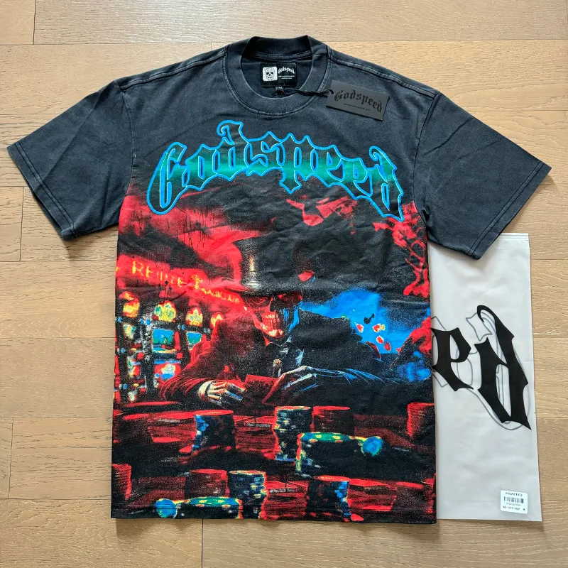 1013# P126 Washed Black Real Shot Godspeed American Fashion Rock Street Retro Washed Distressed Printed Pure Cotton Short Sleeves Fabric: 250g 32 Count Fine Cotton Double Yarn Pure Cotton Color: Washed Black Size: S M L XL
