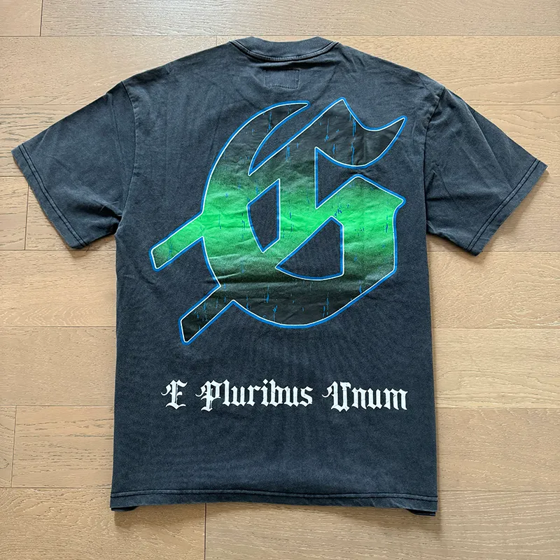 1013# P126 Washed Black Real Shot Godspeed American Fashion Rock Street Retro Washed Distressed Printed Pure Cotton Short Sleeves Fabric: 250g 32 Count Fine Cotton Double Yarn Pure Cotton Color: Washed Black Size: S M L XL