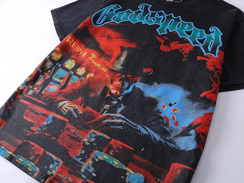 1013# P126 Washed Black Real Shot Godspeed American Fashion Rock Street Retro Washed Distressed Printed Pure Cotton Short Sleeves Fabric: 250g 32 Count Fine Cotton Double Yarn Pure Cotton Color: Washed Black Size: S M L XL