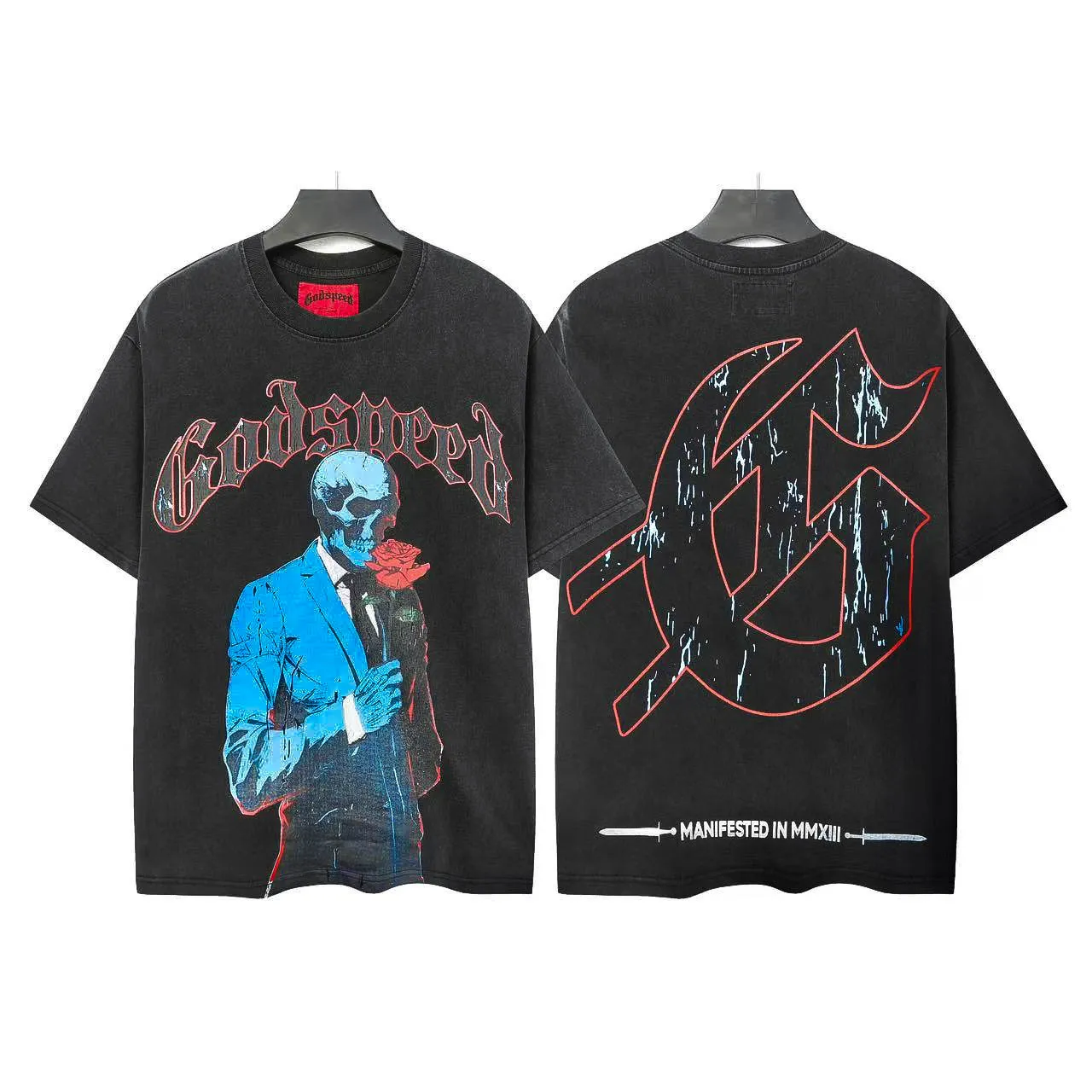 6021# Washed Black｜P116 Godspeed cross-border American rock and roll street washed retro style short-sleeved T (craft print) Fabric (fabric): 32 count combed double yarn 250 grams weight Size (size): S-M-L-XL Color (colour): Washed black 👉