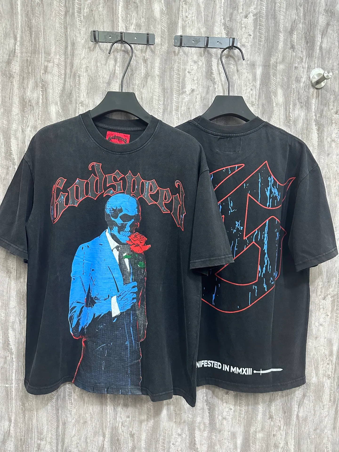 6021# Washed Black｜P116 Godspeed cross-border American rock and roll street washed retro style short-sleeved T (craft print) Fabric (fabric): 32 count combed double yarn 250 grams weight Size (size): S-M-L-XL Color (colour): Washed black 👉