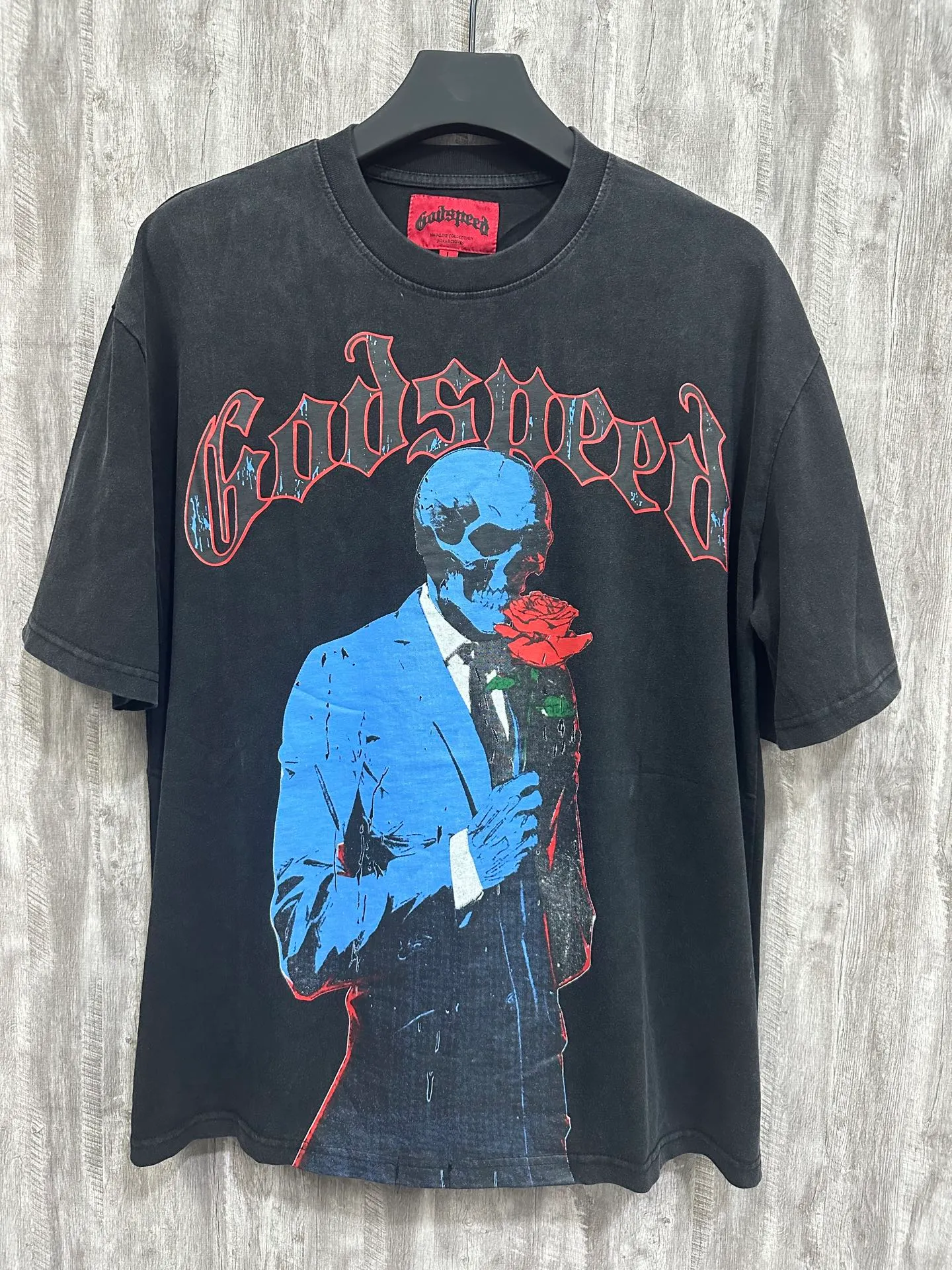 6021# Washed Black｜P116 Godspeed cross-border American rock and roll street washed retro style short-sleeved T (craft print) Fabric (fabric): 32 count combed double yarn 250 grams weight Size (size): S-M-L-XL Color (colour): Washed black 👉