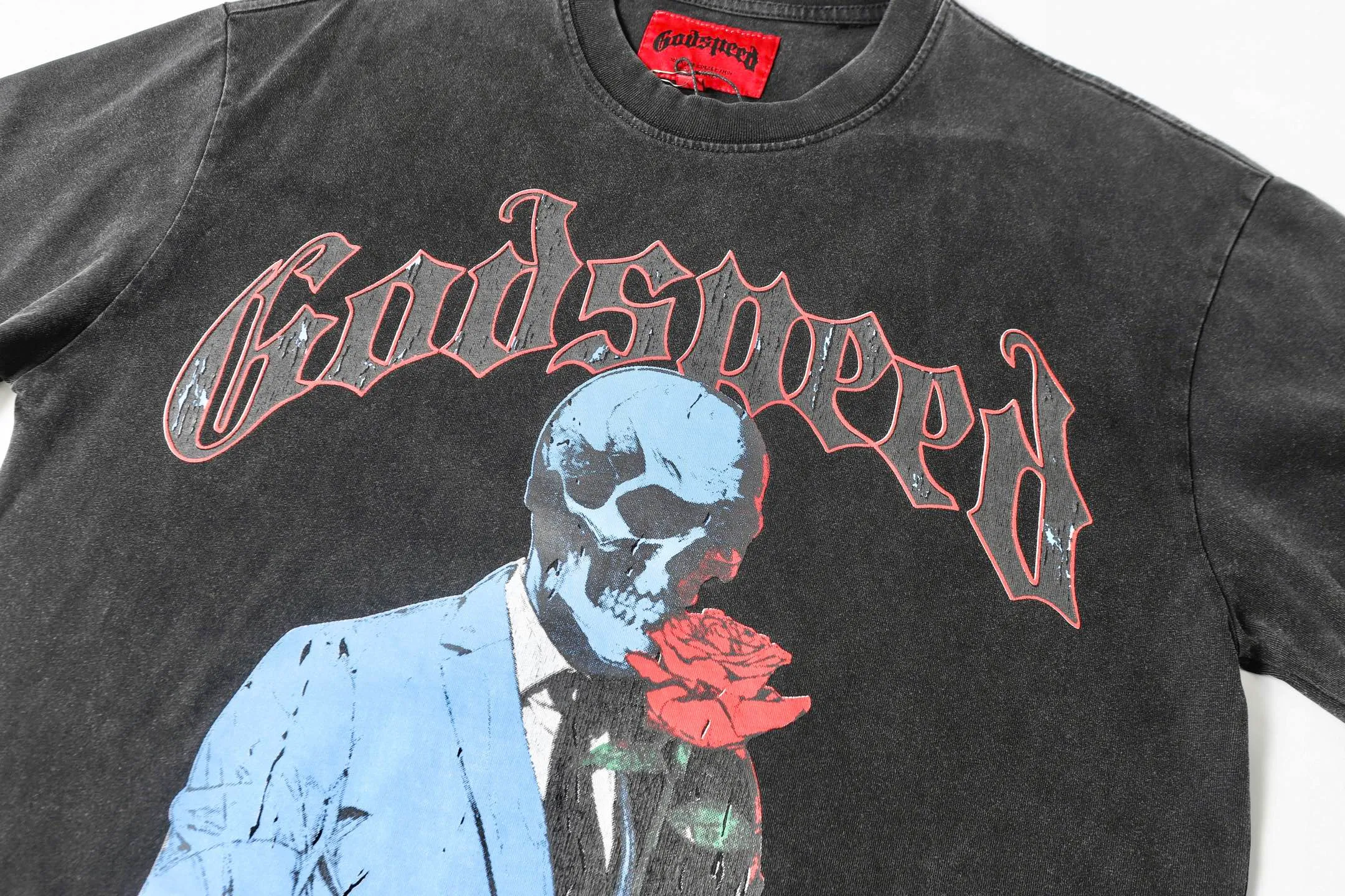 6021# Washed Black｜P116 Godspeed cross-border American rock and roll street washed retro style short-sleeved T (craft print) Fabric (fabric): 32 count combed double yarn 250 grams weight Size (size): S-M-L-XL Color (colour): Washed black 👉