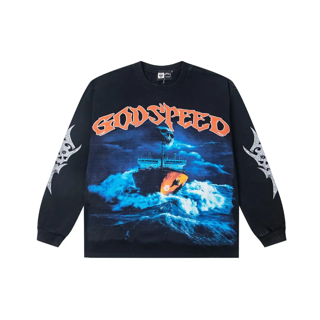G46# GodSpeed ​​white ink direct spray washed long sleeve S-XL size black (washed) P156 blue (washed) P156