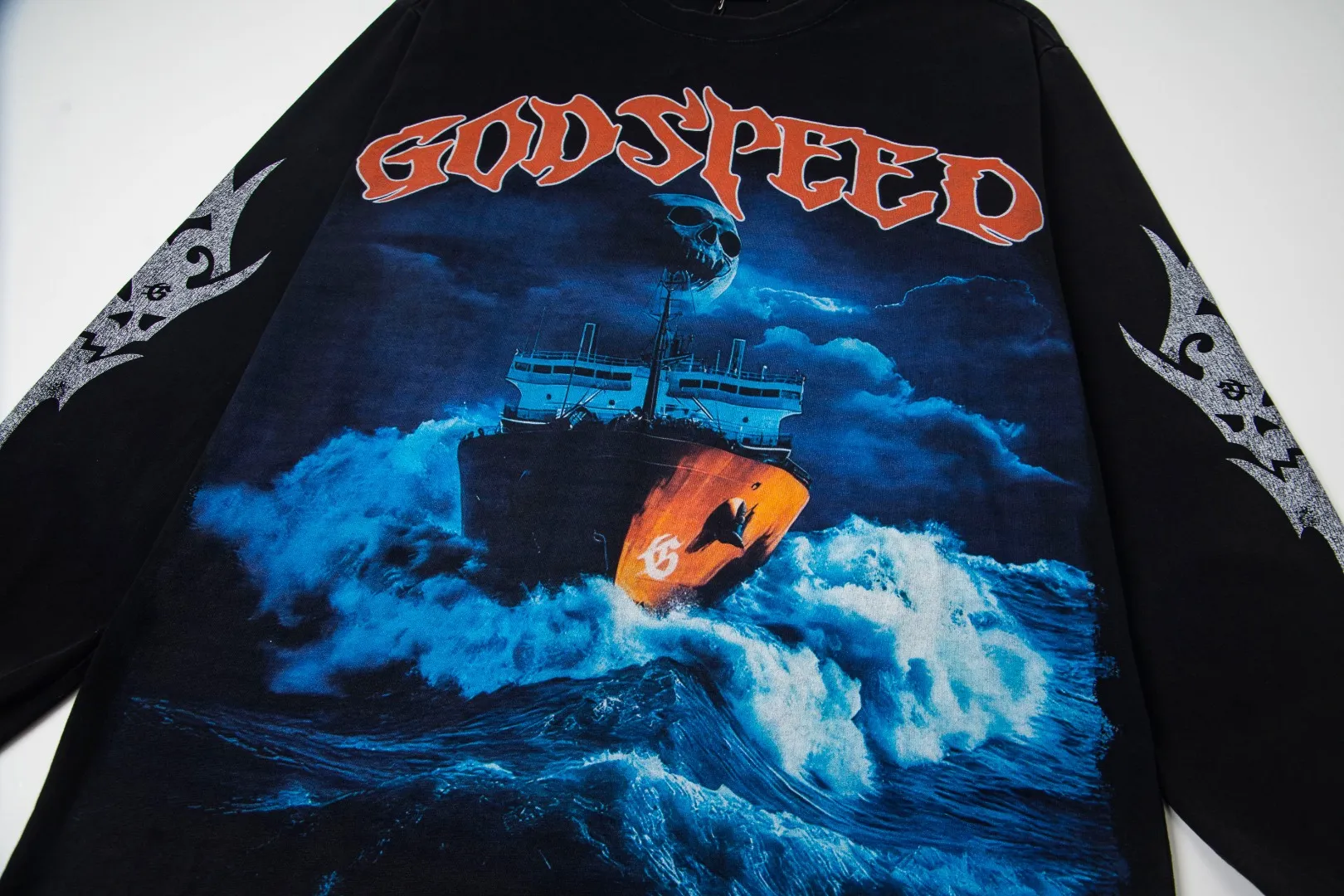 G46# GodSpeed ​​white ink direct spray washed long sleeve S-XL size black (washed) P156 blue (washed) P156