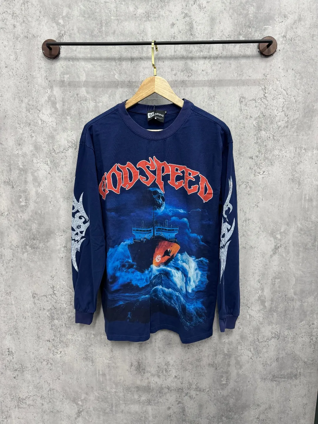 G46# GodSpeed ​​white ink direct spray washed long sleeve S-XL size black (washed) P156 blue (washed) P156