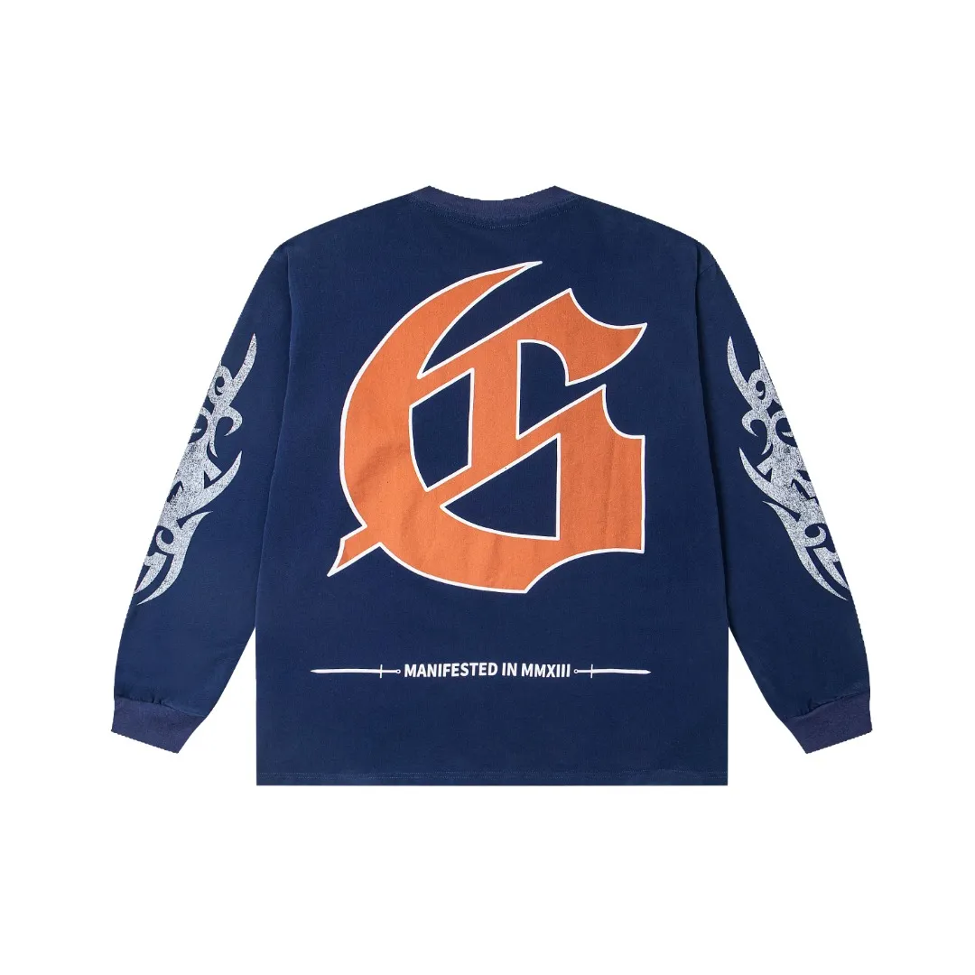G46# GodSpeed ​​white ink direct spray washed long sleeve S-XL size black (washed) P156 blue (washed) P156