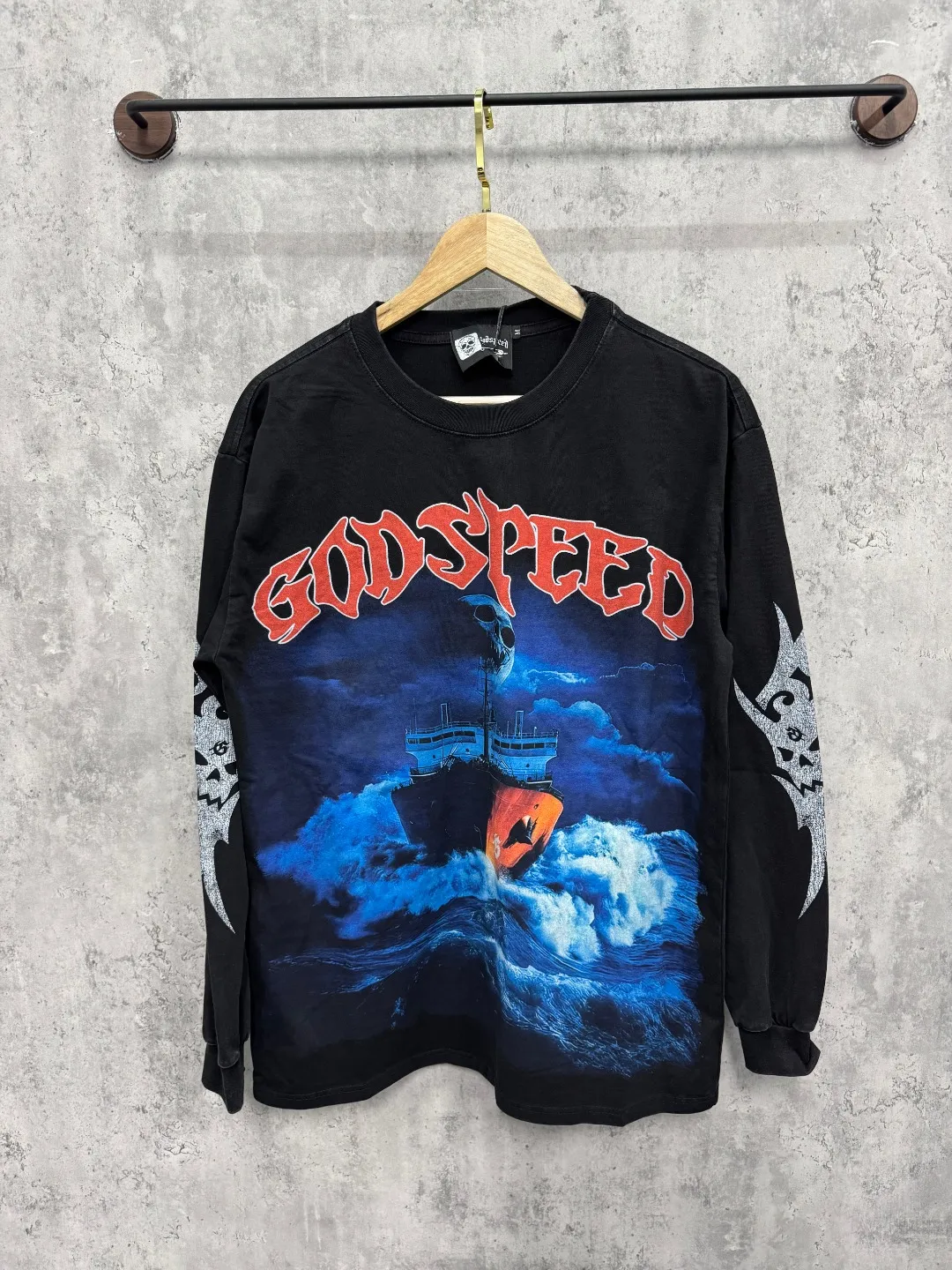G46# GodSpeed ​​white ink direct spray washed long sleeve S-XL size black (washed) P156 blue (washed) P156