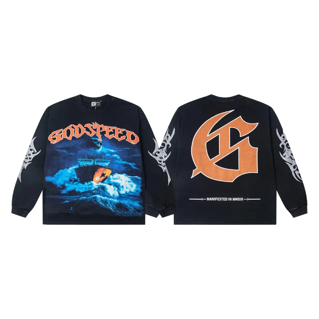 G46# GodSpeed ​​white ink direct spray washed long sleeve S-XL size black (washed) P156 blue (washed) P156