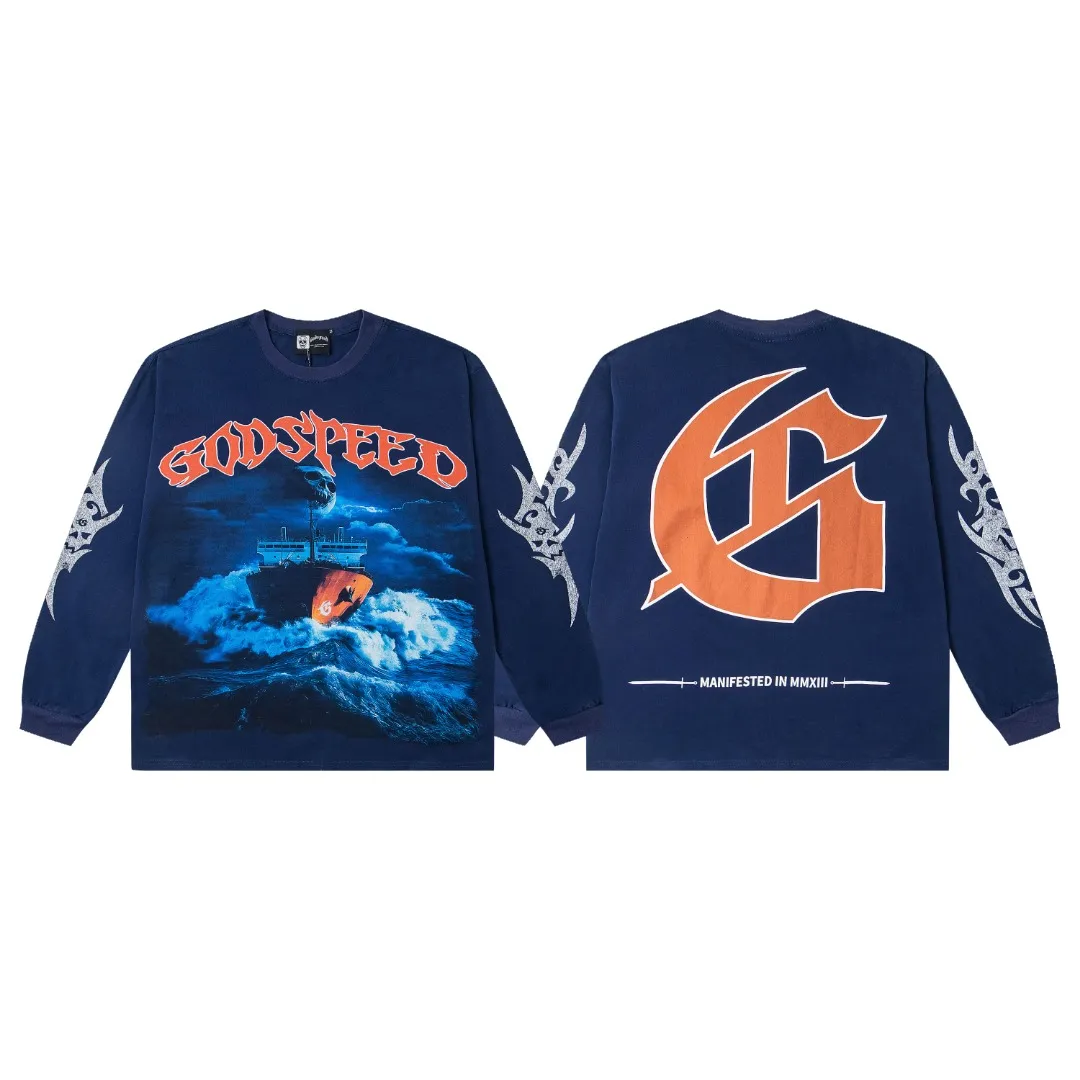 G46# GodSpeed ​​white ink direct spray washed long sleeve S-XL size black (washed) P156 blue (washed) P156