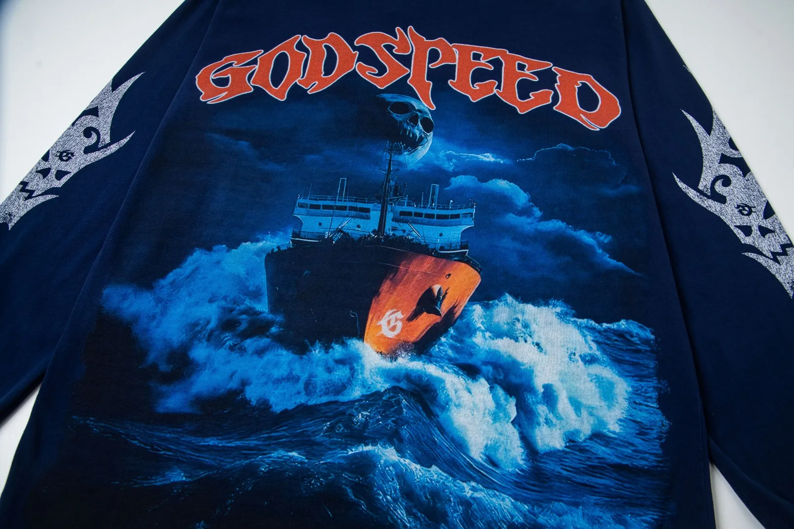 G46# GodSpeed ​​white ink direct spray washed long sleeve S-XL size black (washed) P156 blue (washed) P156