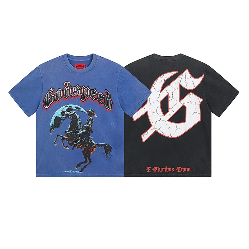 1057# P126 Washed model Real shot Godspeed American fashion rock street retro washed distressed printed cotton short-sleeved fabric: 250g 32 count fine cotton double yarn pure cotton Color: washed black washed blue code number: S M L XL