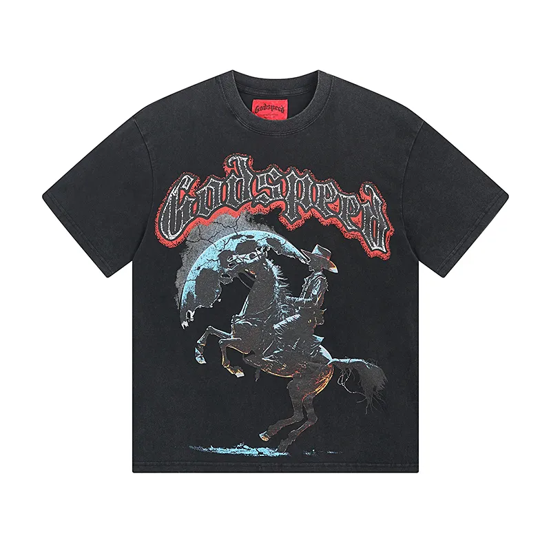 1057# P126 Washed model Real shot Godspeed American fashion rock street retro washed distressed printed cotton short-sleeved fabric: 250g 32 count fine cotton double yarn pure cotton Color: washed black washed blue code number: S M L XL