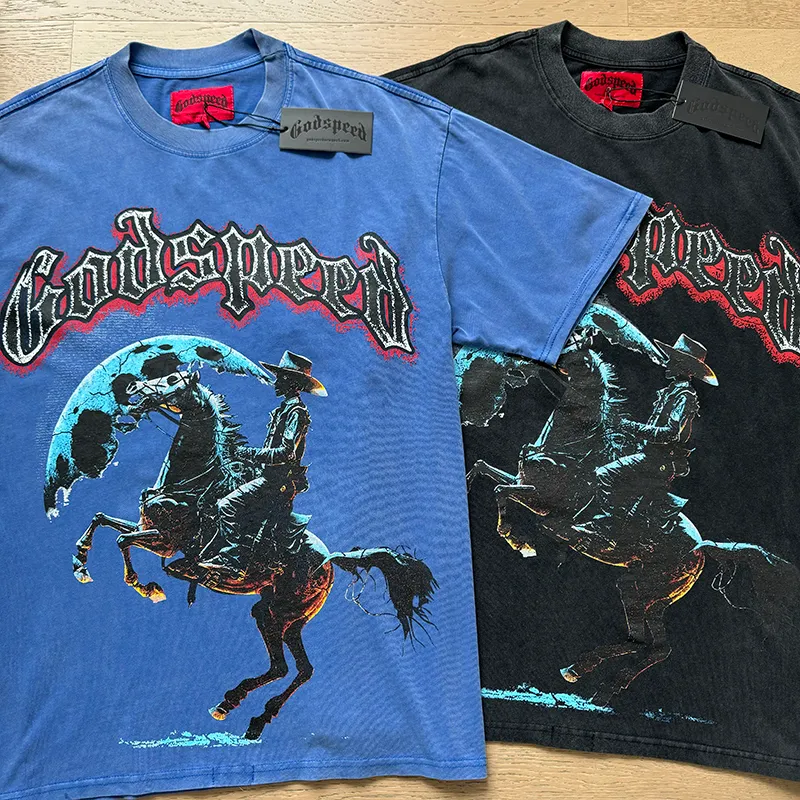 1057# P126 Washed model Real shot Godspeed American fashion rock street retro washed distressed printed cotton short-sleeved fabric: 250g 32 count fine cotton double yarn pure cotton Color: washed black washed blue code number: S M L XL