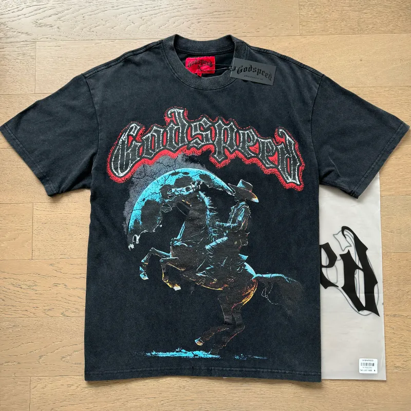 1057# P126 Washed model Real shot Godspeed American fashion rock street retro washed distressed printed cotton short-sleeved fabric: 250g 32 count fine cotton double yarn pure cotton Color: washed black washed blue code number: S M L XL