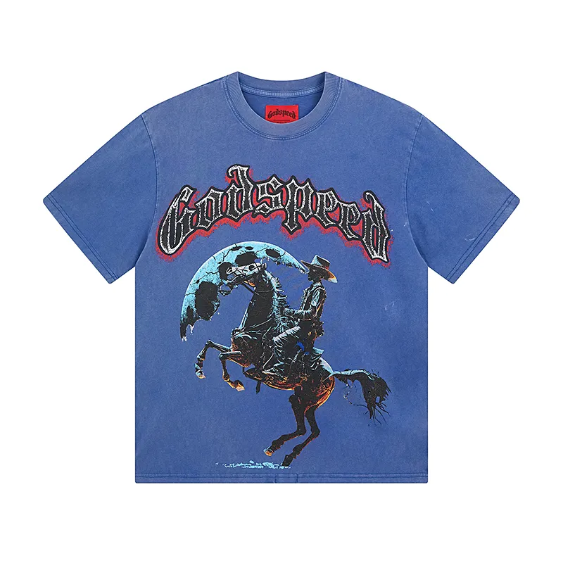 1057# P126 Washed model Real shot Godspeed American fashion rock street retro washed distressed printed cotton short-sleeved fabric: 250g 32 count fine cotton double yarn pure cotton Color: washed black washed blue code number: S M L XL