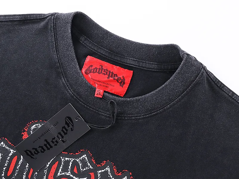 1057# P126 Washed model Real shot Godspeed American fashion rock street retro washed distressed printed cotton short-sleeved fabric: 250g 32 count fine cotton double yarn pure cotton Color: washed black washed blue code number: S M L XL