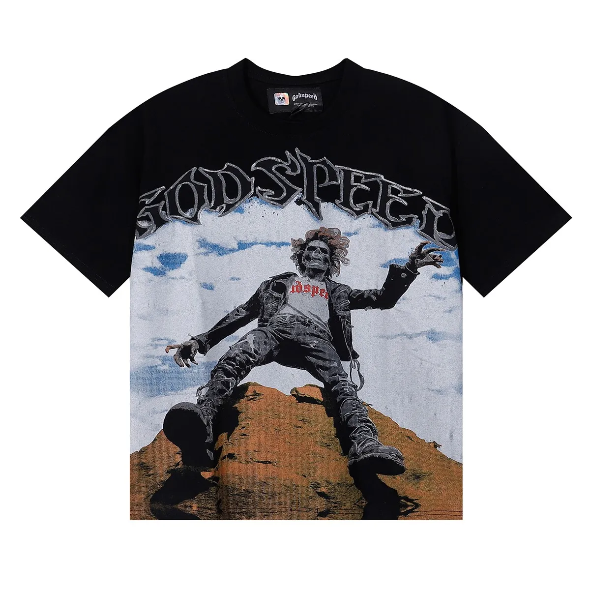 No. 7032, Mechao Godspeed falling skull printed high weight double yarn pure cotton casual short-sleeved T-shirt batch 110 Color: black, white; Size: S M L XL