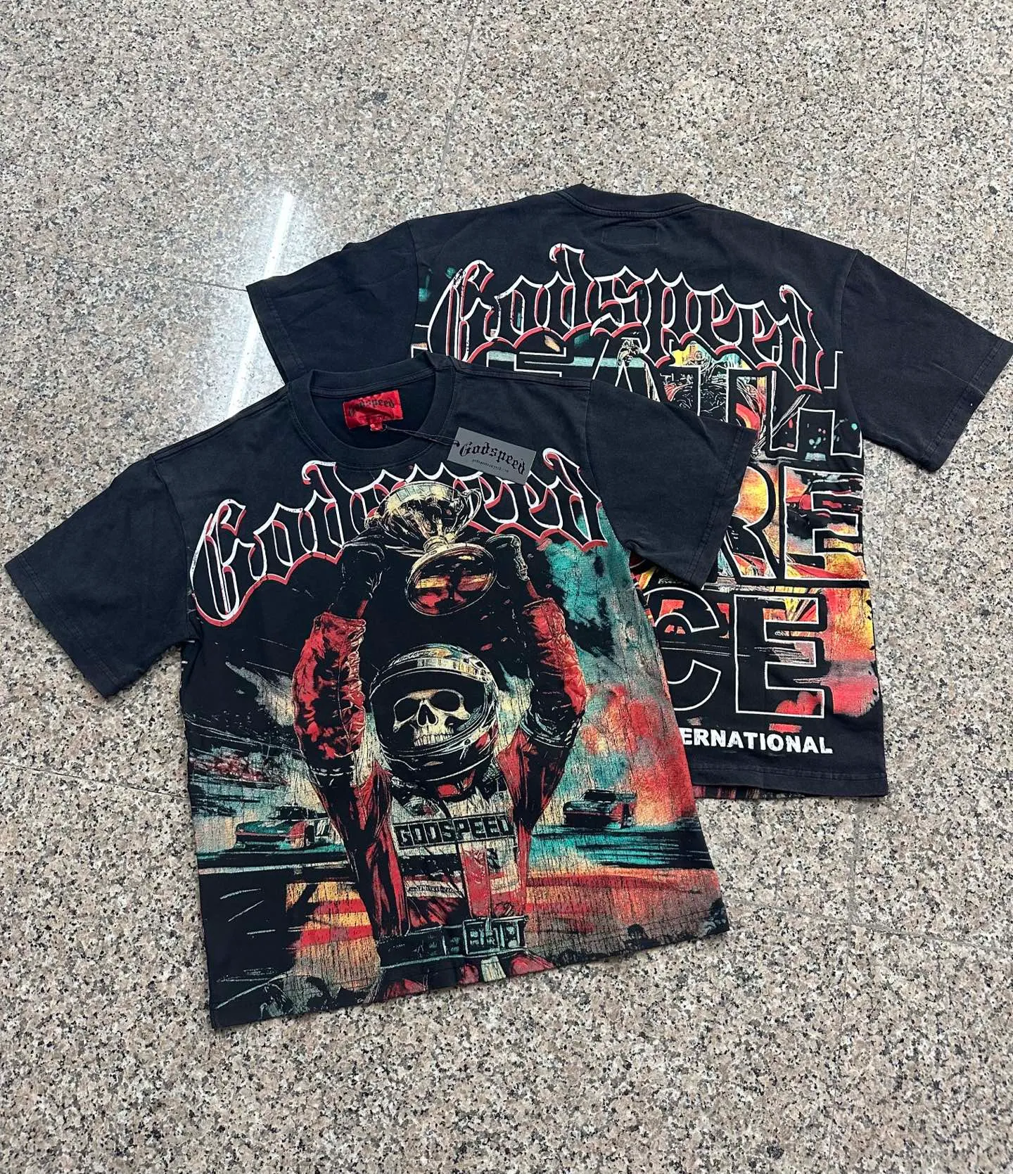 6312# washed black/washed postal green I P116 Godspeed cross-border American rock and roll street washed retro style short-sleeved T (craft print) fabric (fabric): 32 count combed double yarn 250g weight code number (size): S-M-L-XL color (colour): washed black/washed postal green
