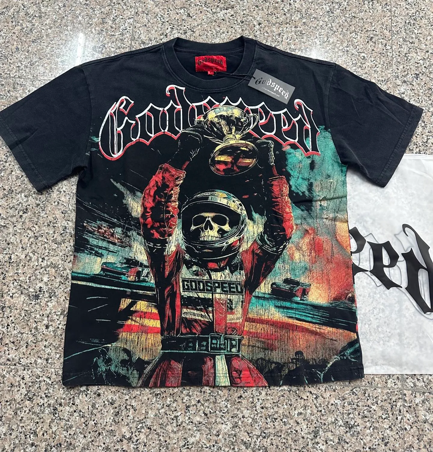 6312# washed black/washed postal green I P116 Godspeed cross-border American rock and roll street washed retro style short-sleeved T (craft print) fabric (fabric): 32 count combed double yarn 250g weight code number (size): S-M-L-XL color (colour): washed black/washed postal green